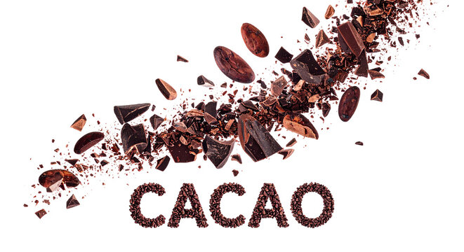 Dark crunchy cacao nibs fall in a steady stream with the word cacao at the bottom
