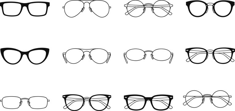 Set of black and white eyeglass frame icons including aviator, cat-eye, round, and square styles for optical fashion design, vision care, and eyewear collection.