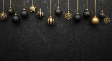 Obraz premium Seasonal decoration banner featuring hanging black and gold ornaments on a textured black background