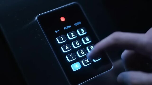 Close up of a finger pressing numbers on a digital keypad for security access.