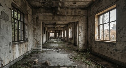 Abandoned ruin featuring cracked concrete walls and weathered industrial windows perfect for urban exploration photography