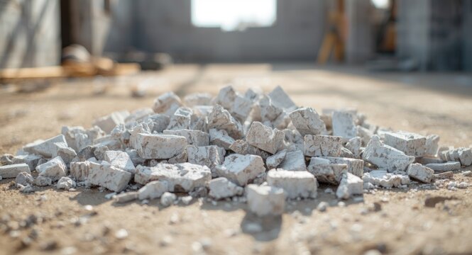 Broken white AAC brick blocks debris leftover from masonry work