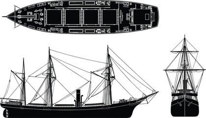 Vintage Steamship Silhouette Vector Illustration Featuring Top Side and Front Views of a Classic Nineteenth Century Three Masted Schooner Rigged Cargo Vessel © Mahsina