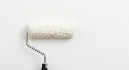 Obraz premium Detail view of a paint roller spreading white paint evenly on an interior wall
