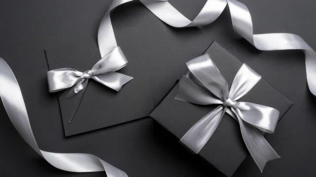 Elegant black gift box and invitation card with silver satin ribbon and bow on a dark background