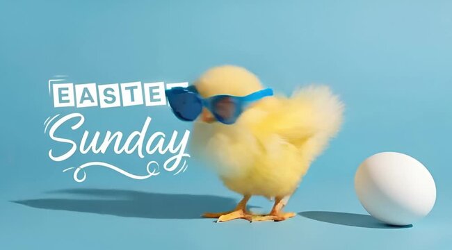a chick wearing sunglasses next to an egg on easter sunday