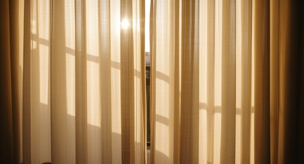 Obraz premium Bright sunlight casting shadows through sheer curtain shades on terrace