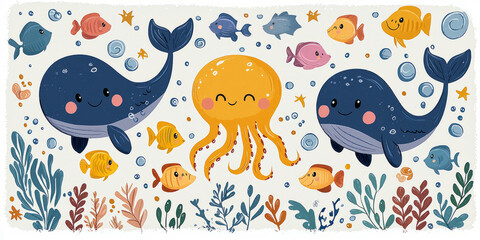 Naklejka premium underwater sea creatures such as smiling whales, fish and octopuses