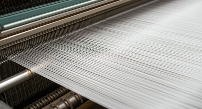 Close up of industrial weaving machine creating cotton yarn fabrics for fashion use
