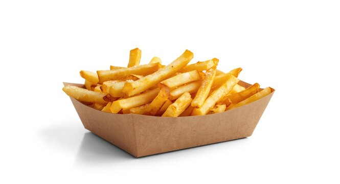 Brown cardboard takeout tray loaded with salted French fries isolated on white space