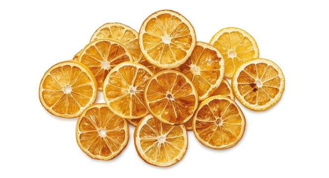 Clusters of dried lemon slices isolated on bright white background with copy space