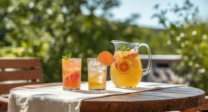 Summer day citrus refreshments grapefruit ade and lemonade on a cafe patio table
