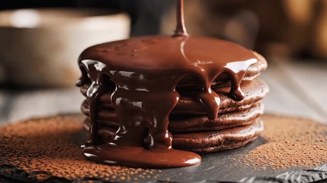 Cinematic 8-second macro shot of thick chocolate pancakes stacked on a dark stone plate while glossy chocolate sauce slowly pours from above, creating rich dripping lines across the stack, soft moody 