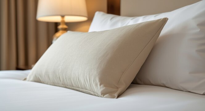 Close up of a soft pillow on a luxury hotel bed with a lamp showcasing room decor and safety concepts