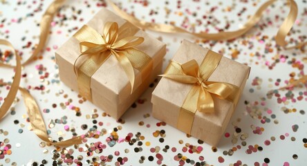 Obraz premium Delightful gift setting with two boxes wrapped in gold ribbons and festive confetti around