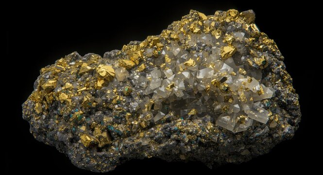 Complex mineral grouping featuring chalcopyrite pyrite and calcite with brilliant hues