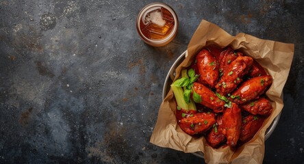 Obraz premium Birds eye angle of spicy chicken wings and beer featuring copy space for text