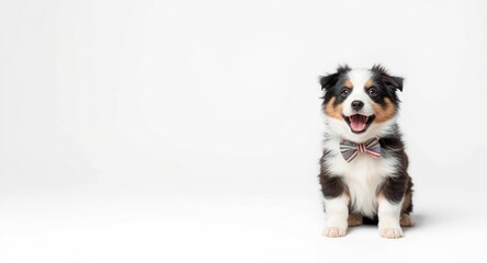 Cheerful border collie puppy dressed as groom with bow tie smiling in white studio environment