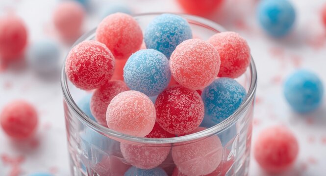 Clear glass container filled with multicolored red and blue tapioca balls for festive snack ideas
