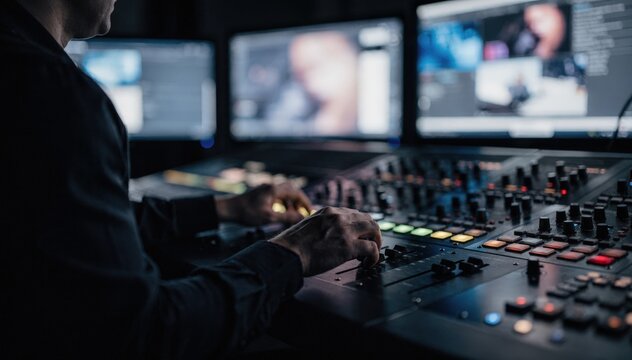 Single controller in the master control station triggering media playback emphasized hands on controls with blurred monitors in the deep background overnight.