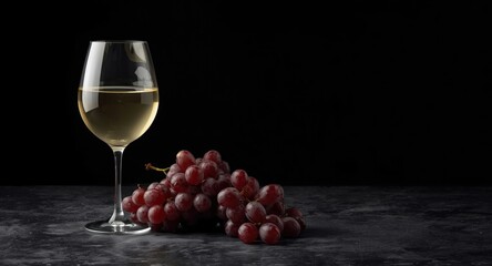 Bright white wine glass with ripe grapes on dark moody surface designed with copy space