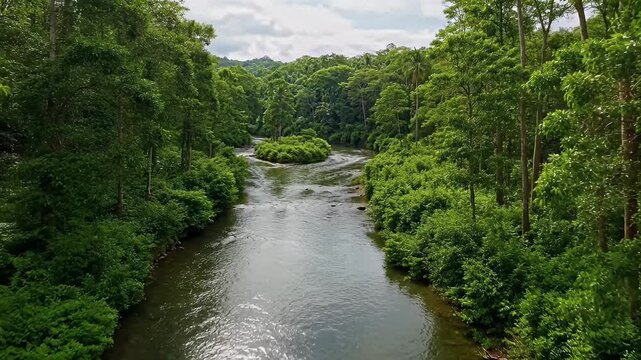 Lush green tropical forest landscape with a flowing river and vegetated islet