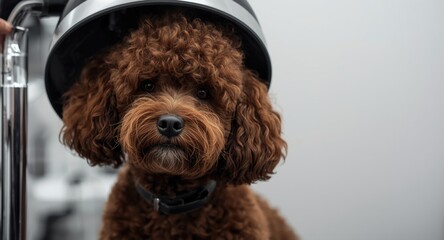 Curly haired dog calmly positioned under hair drying hood during salon visit