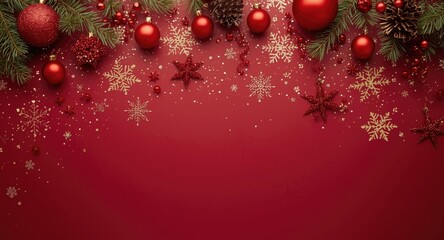 Obraz premium Christmas decorative setup on deep red backdrop designed with copy space
