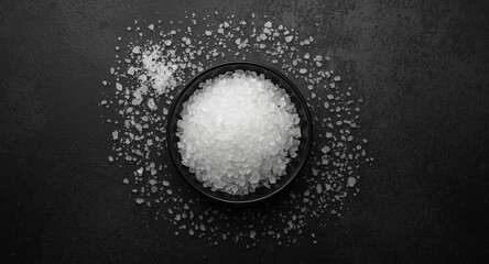 Dark bowl with white citric acid crystals and salt grains scattered on textured black background from top view