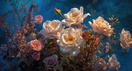 Fototapeta premium Mystical floral backdrop showcasing fabulous fairy tale Eustoma and roses in moonlight