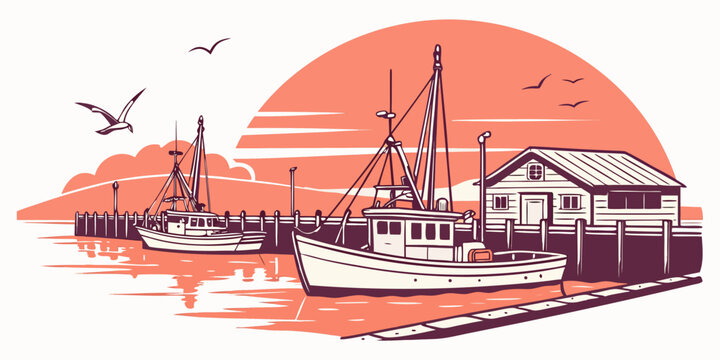 A boat is docked at a pier during sunset Vector