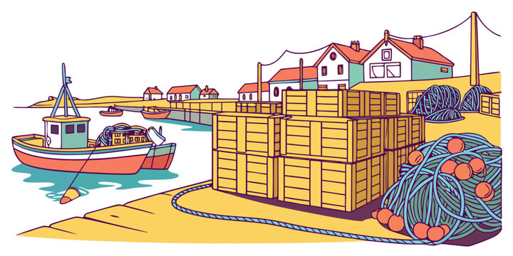 A large pile of wooden crates on a dock next to a boat Vector