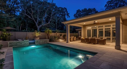 Fototapeta premium Contemporary backyard layout featuring illuminated pool and cozy covered seating