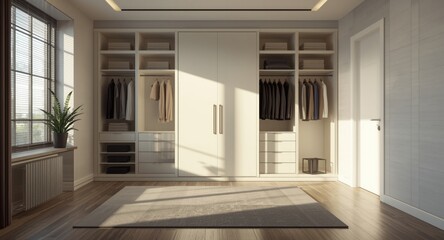 Fototapeta premium Bright and modern wardrobe room featuring empty minimalist design