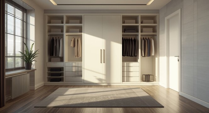 Bright and modern wardrobe room featuring empty minimalist design