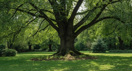 Fototapeta premium Cheerful tree depiction surrounded by a well maintained park