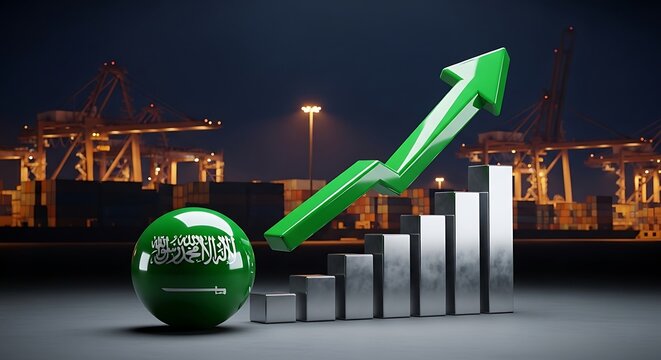 A green arrow rises above a bar graph with a Saudi Arabian globe nearby at night