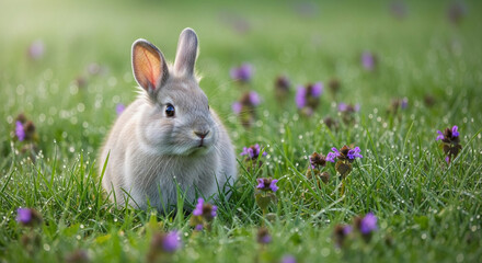 Fototapeta premium Furry rabbit sits on dewy green grass with purple flower. The bunny represents spring, new life, and nature's quiet beauty in a serene outdoor scene