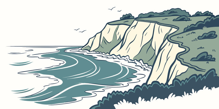 A cliff by the sea with waves crashing against it Vector
