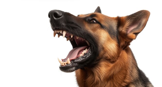 Aggressive German Shepherd barking with dangerous teeth on white background