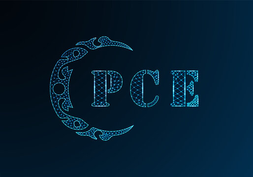 Low poly letter logo PCE design. PCE letter logo low poly vector design on blue color gradient background. PCE logo low poly design