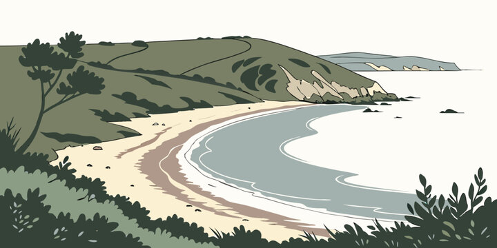 A beach with a sandy shore and trees on a hill Vector