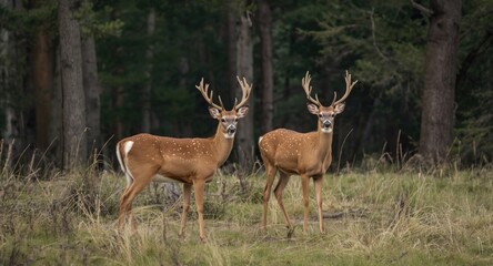 A duo of deer standing alert in a breezy forest clearing