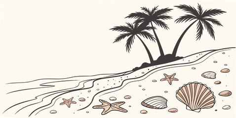 Obraz premium A beach scene with palm trees and seashells on the sand Vector