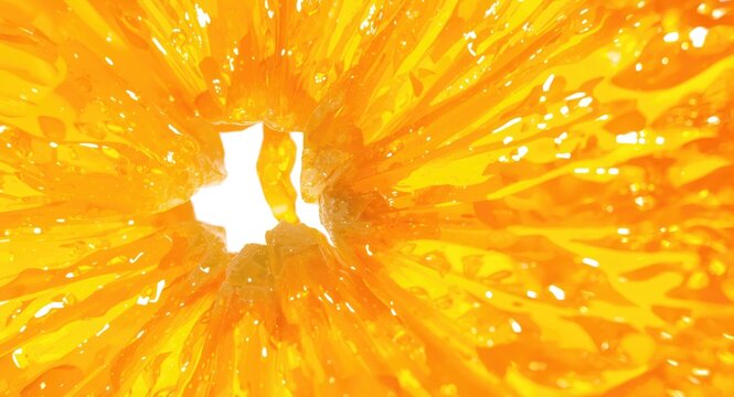 Close up image of fresh organic orange segment highlighting bright juicy texture with sparkling citrus backdrop
