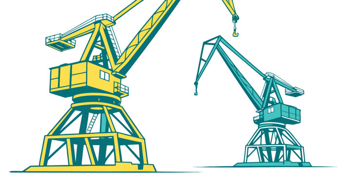 Two large cranes are shown side by side Vector