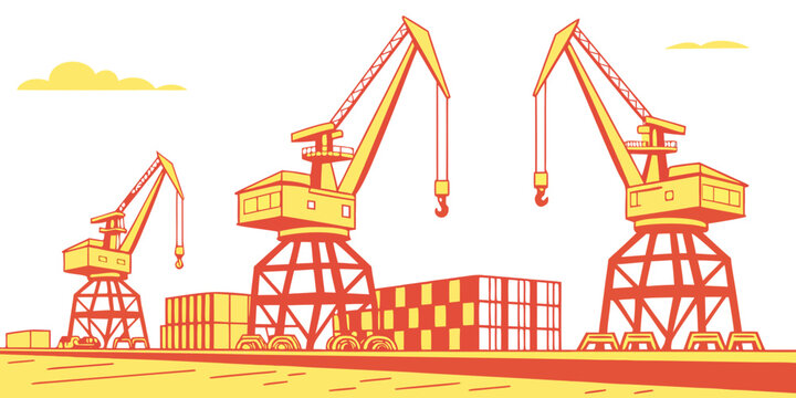 Three cranes are lifting boxes on a dock Vector