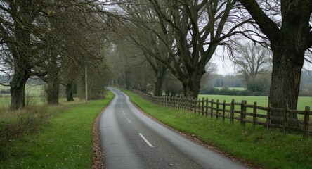 Obraz premium Country road paved with asphalt bordered by trees grass and decorative wooden fence
