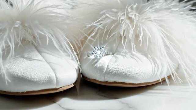 Diamond engagement ring nestled between elegant white fluffy bridal slippers showcasing love and luxury