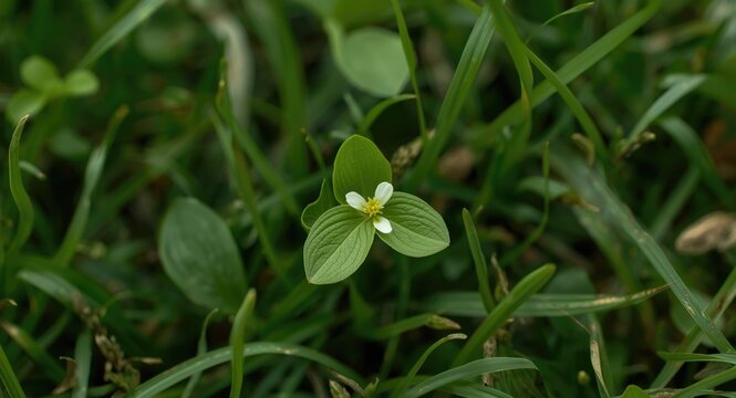 Close up image of Mouse ear Chickweed blooming fully on a green lush lawn in May